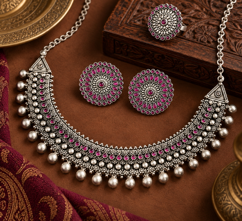 Ruby Bloom Oxidized Jewellery Set