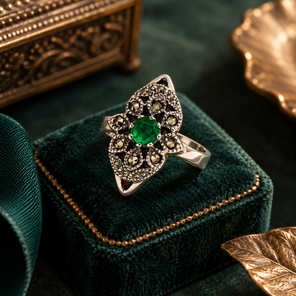 Emerald Marcasite Statement Rings