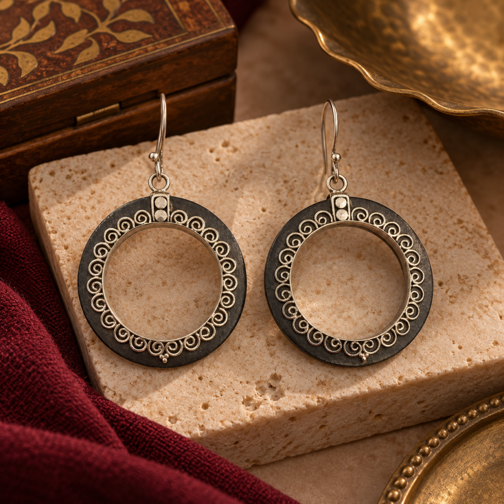 Noir Filigree Silver Hoops